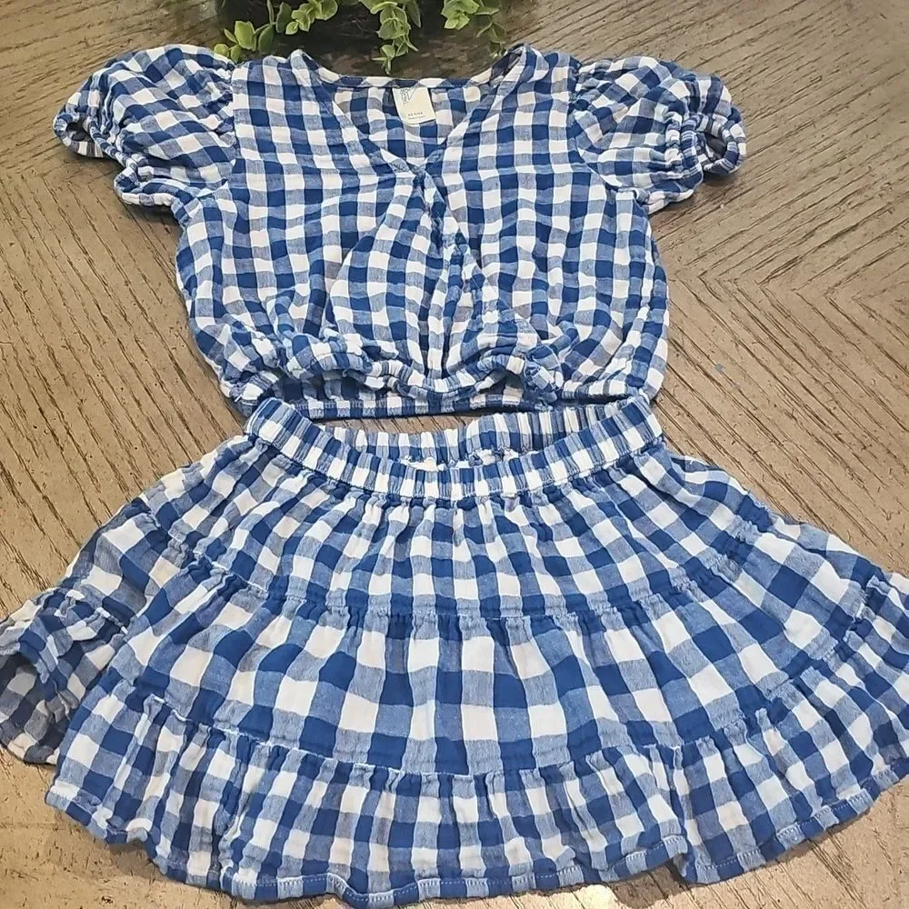 Blue and White Gingham Top and Skirt Set 6X XS 100% Cotton